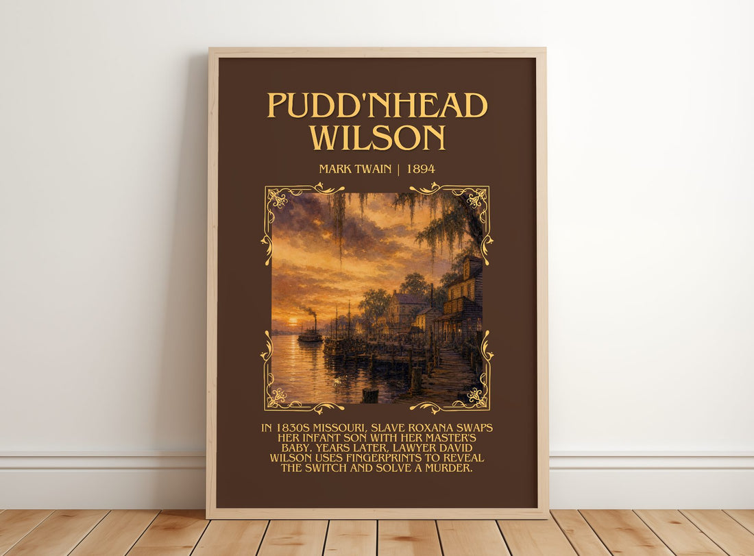 Pudd'Nhead Wilson Minimalist Book Poster by Mark Twain – framed print leaning on a wooden floor