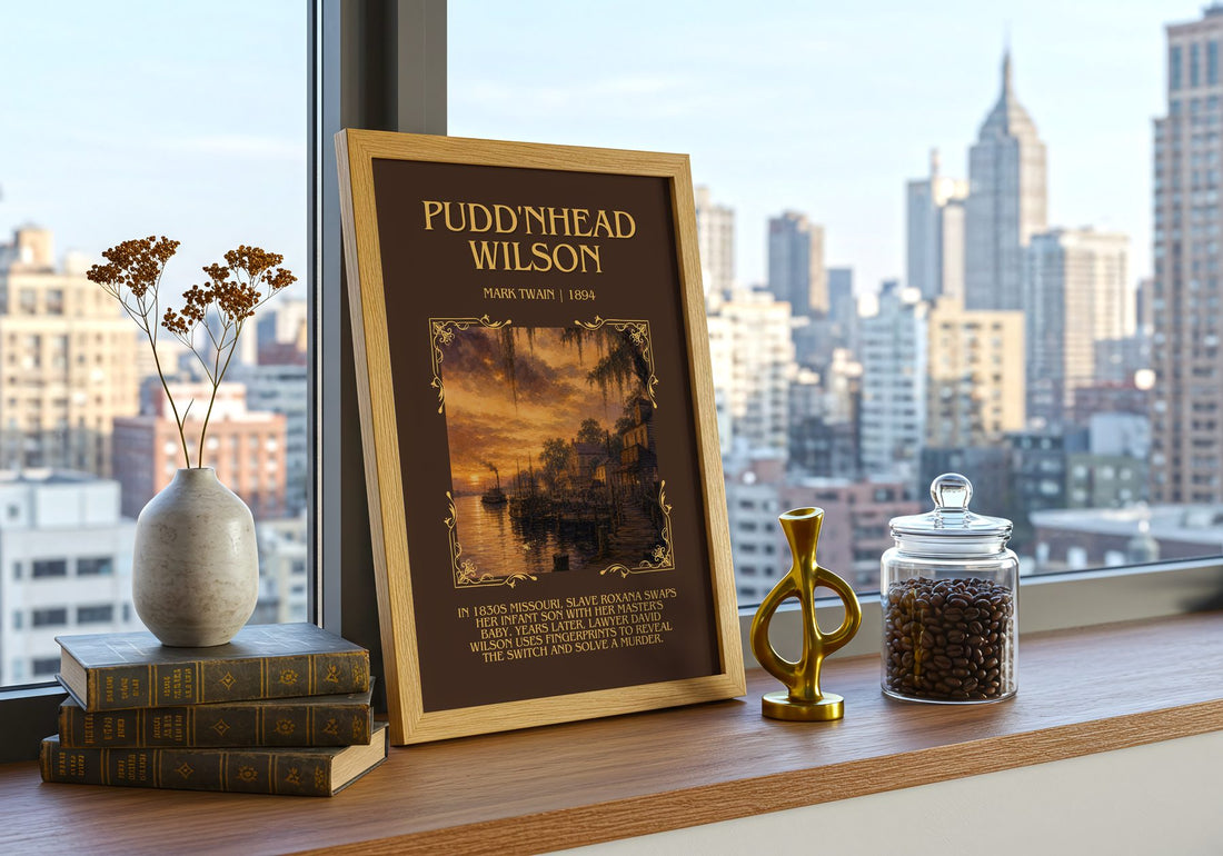 Pudd'Nhead Wilson Minimalist Book Poster by Mark Twain – framed print on a city-view windowsill