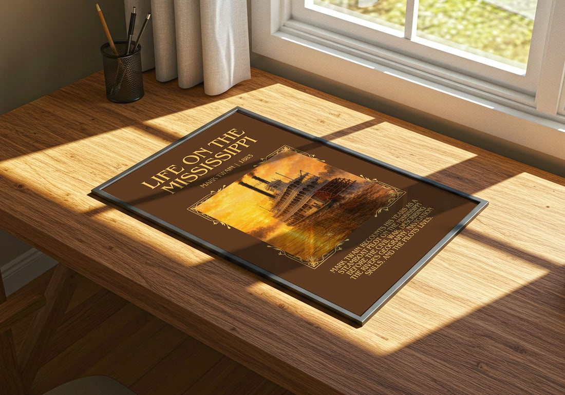 Life On The Mississippi Minimalist Book Poster by Mark Twain – print on a sunlit desk