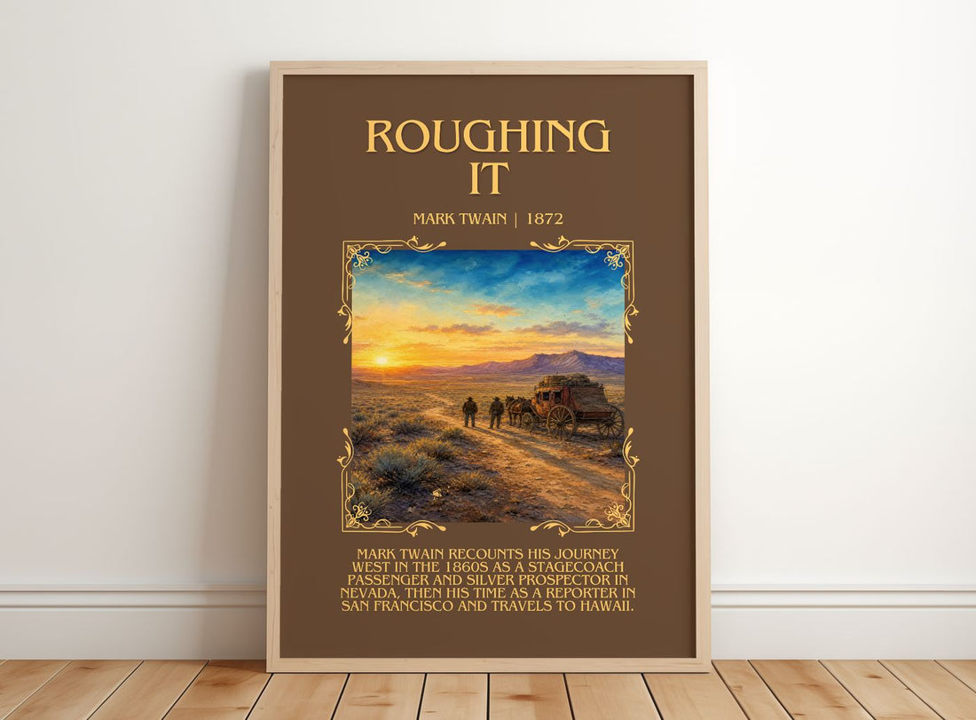 Roughing It Minimalist Book Poster by Mark Twain – framed print leaning on a wooden floor