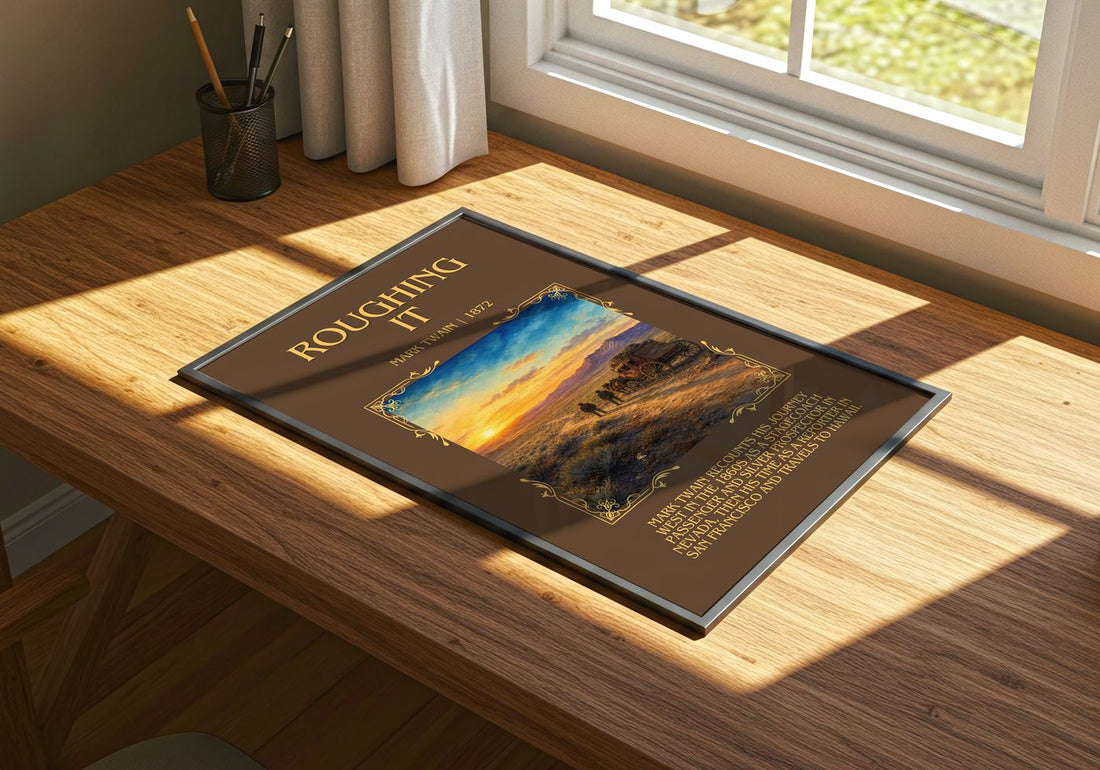 Roughing It Minimalist Book Poster by Mark Twain – print on a sunlit desk