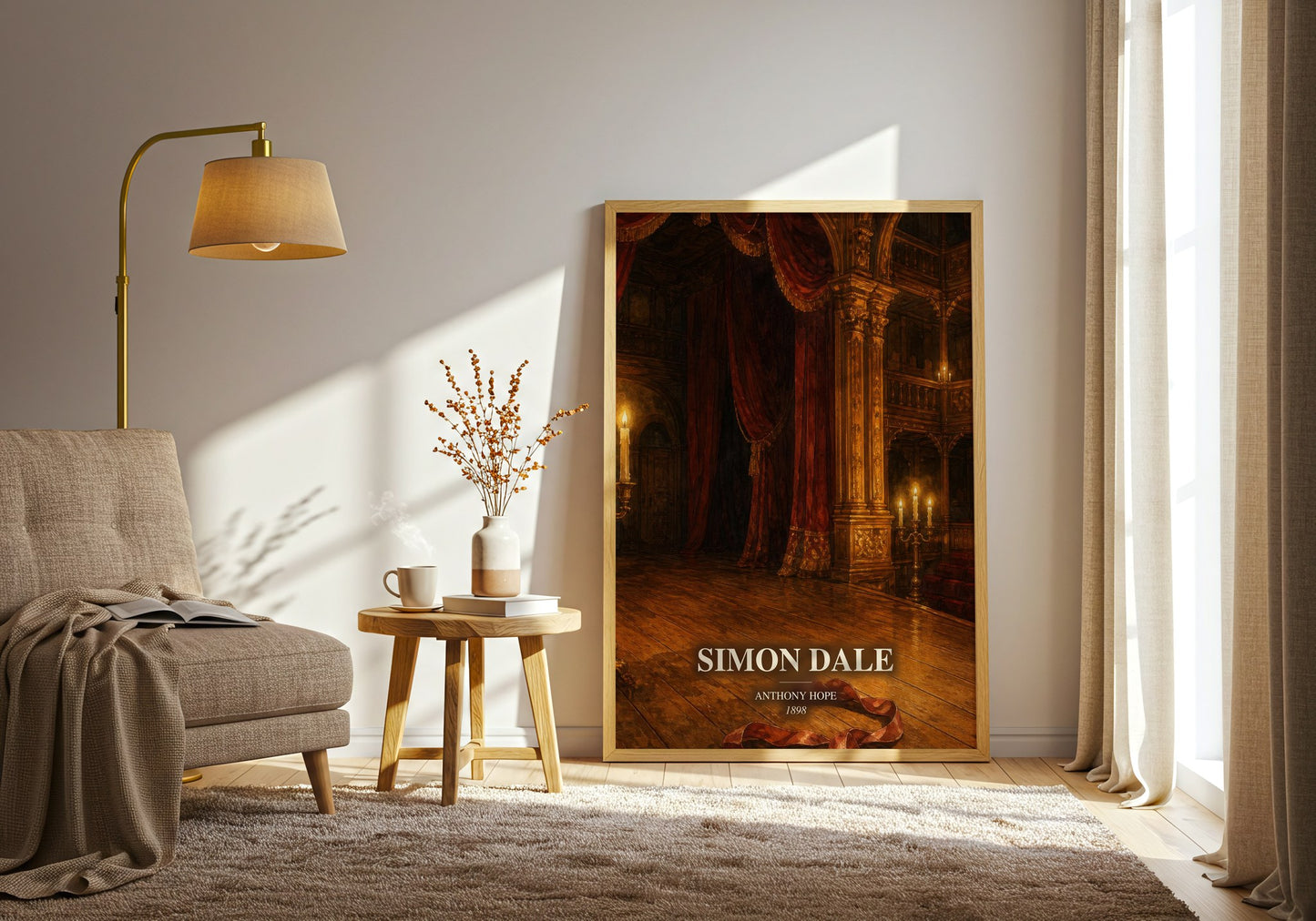 Simon Dale watercolour print in frame leaning in hallway – historical fiction wall art