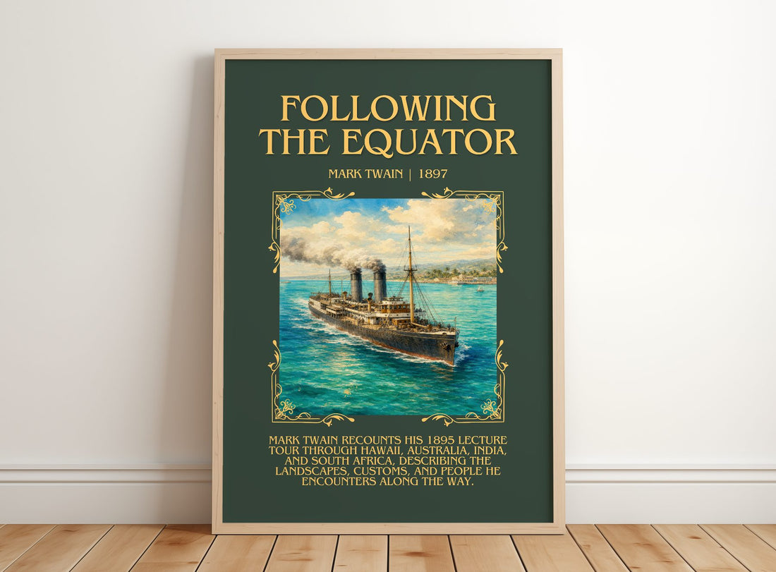 Following The Equator Minimalist Book Poster by Mark Twain – framed print leaning on a wooden floor