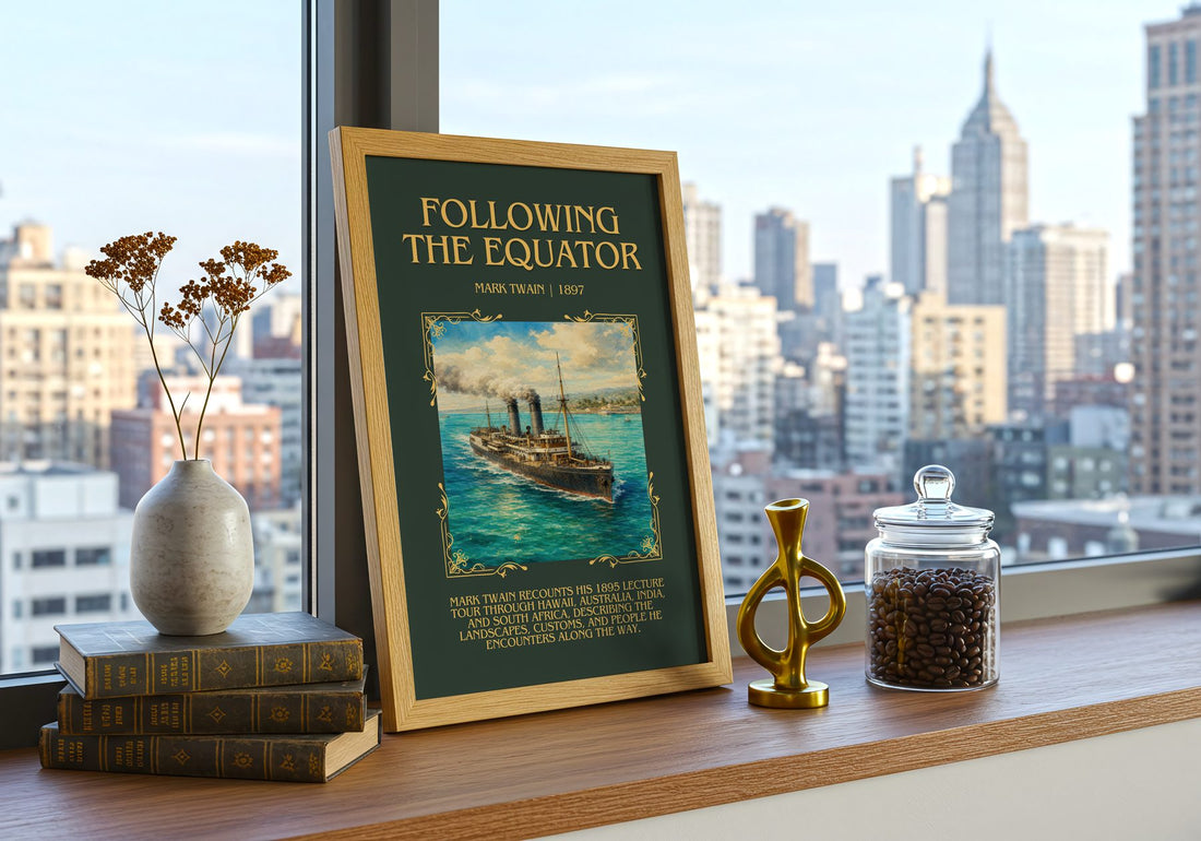 Following The Equator Minimalist Book Poster by Mark Twain – framed print on a city-view windowsill