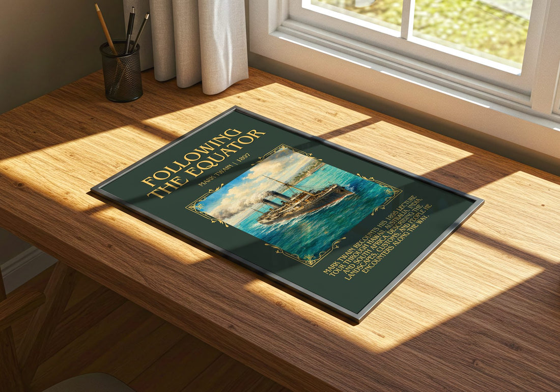 Following The Equator Minimalist Book Poster by Mark Twain – print on a sunlit desk