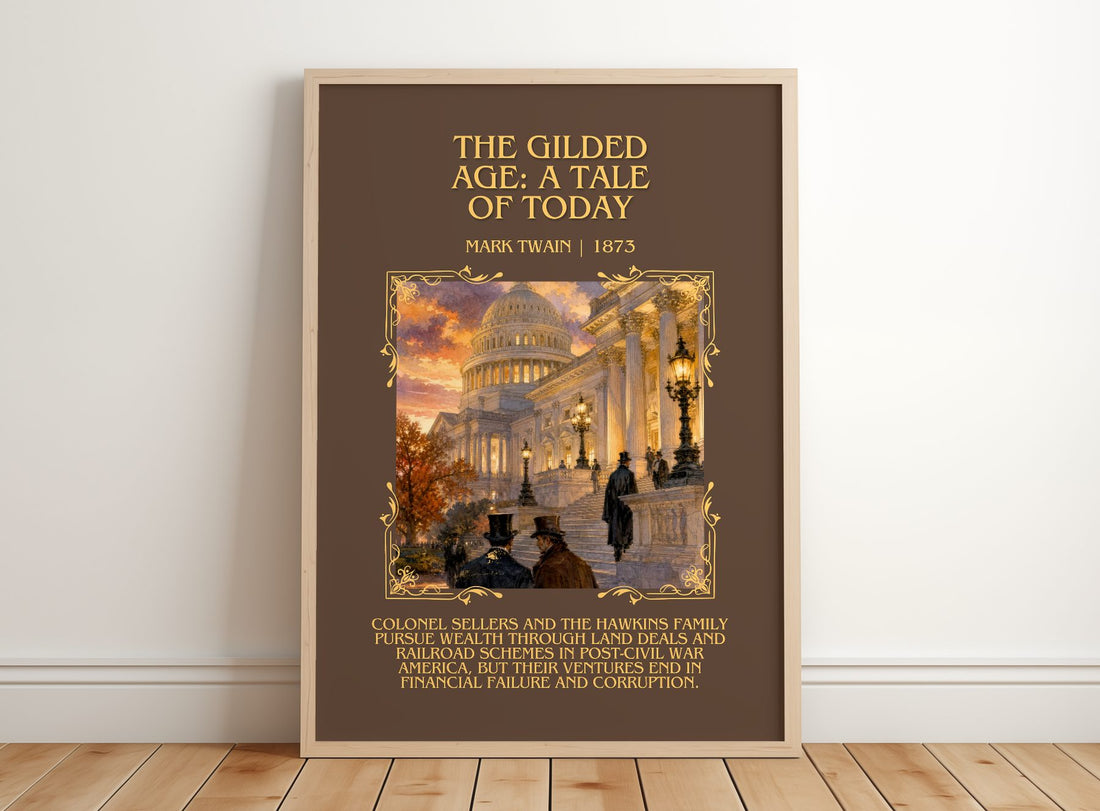 The Gilded Age: A Tale Of Today Minimalist Book Poster by Mark Twain – framed print leaning on a wooden floor