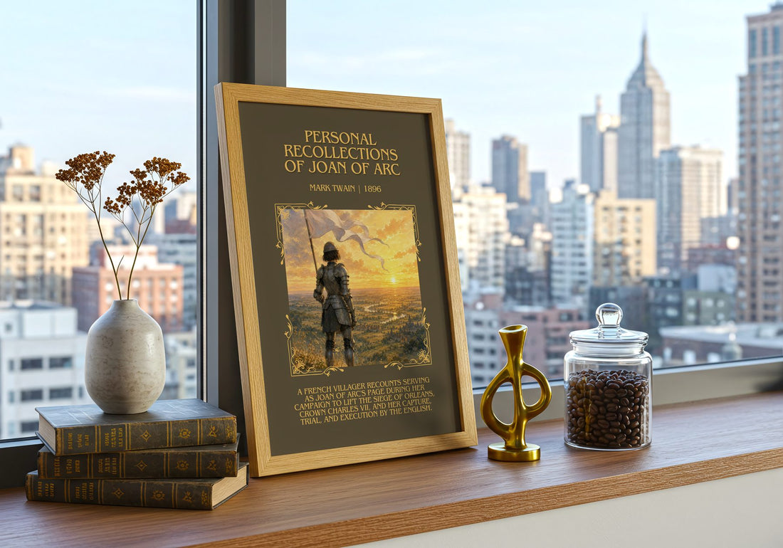 Personal Recollections Of Joan Of Arc Minimalist Book Poster – framed print on a city-view windowsill
