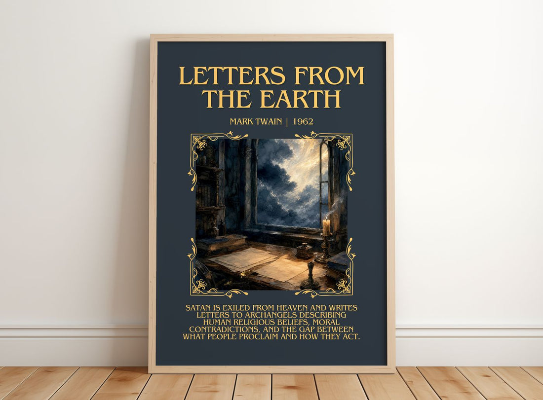 Letters From The Earth Minimalist Book Poster by Mark Twain – framed print leaning on a wooden floor