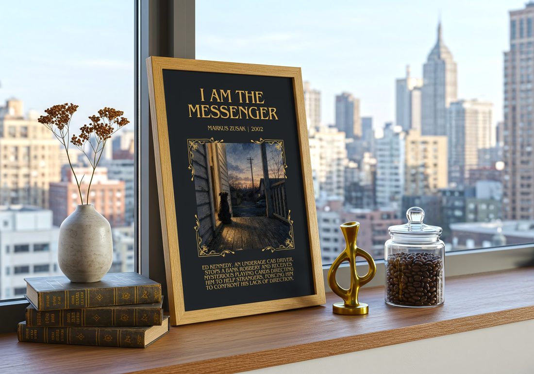 I Am The Messenger Minimalist Book Poster by Markus Zusak – framed print on a city-view windowsill