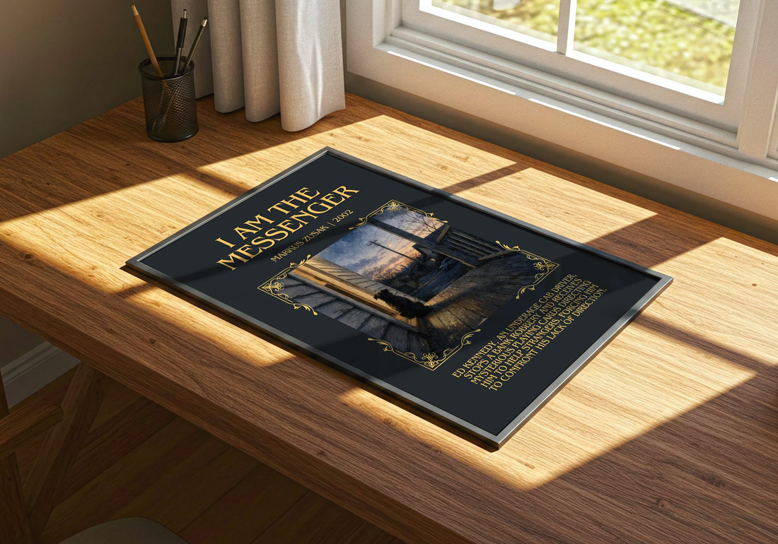 I Am The Messenger Minimalist Book Poster by Markus Zusak – print on a sunlit desk