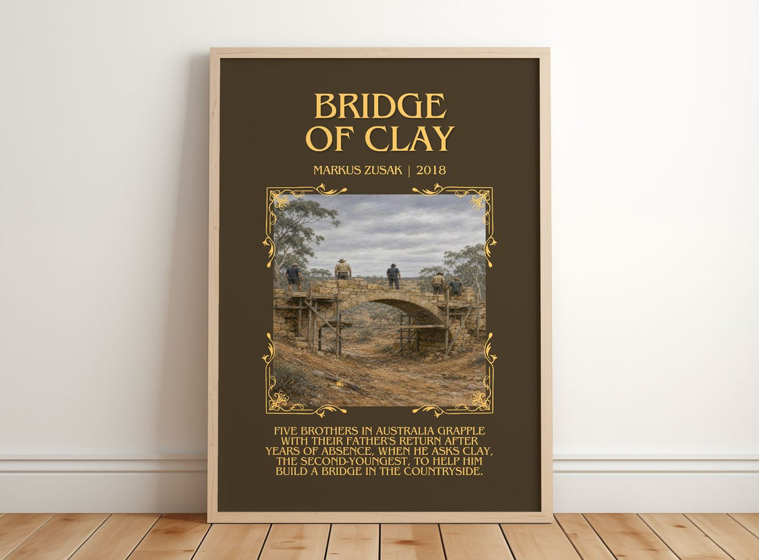 Bridge Of Clay Minimalist Book Poster by Markus Zusak – framed print leaning on a wooden floor