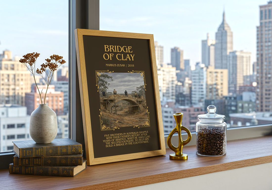 Bridge Of Clay Minimalist Book Poster by Markus Zusak – framed print on a city-view windowsill