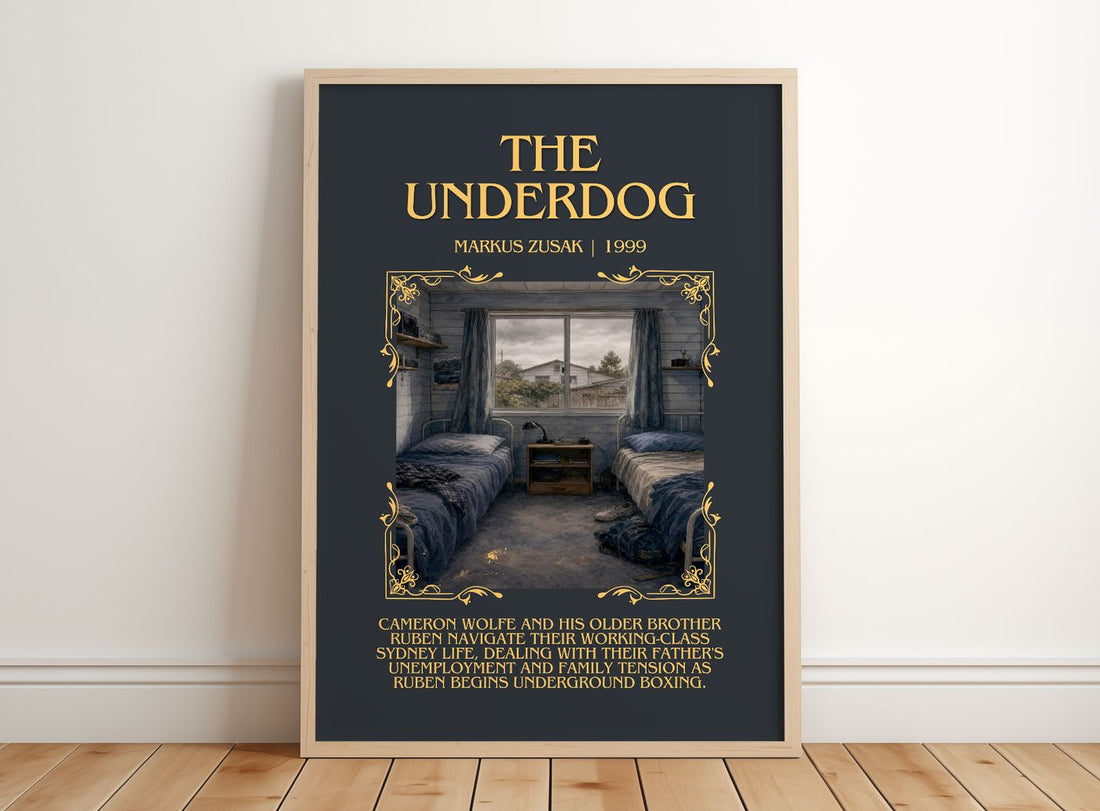 The Underdog Minimalist Book Poster by Markus Zusak – framed print leaning on a wooden floor