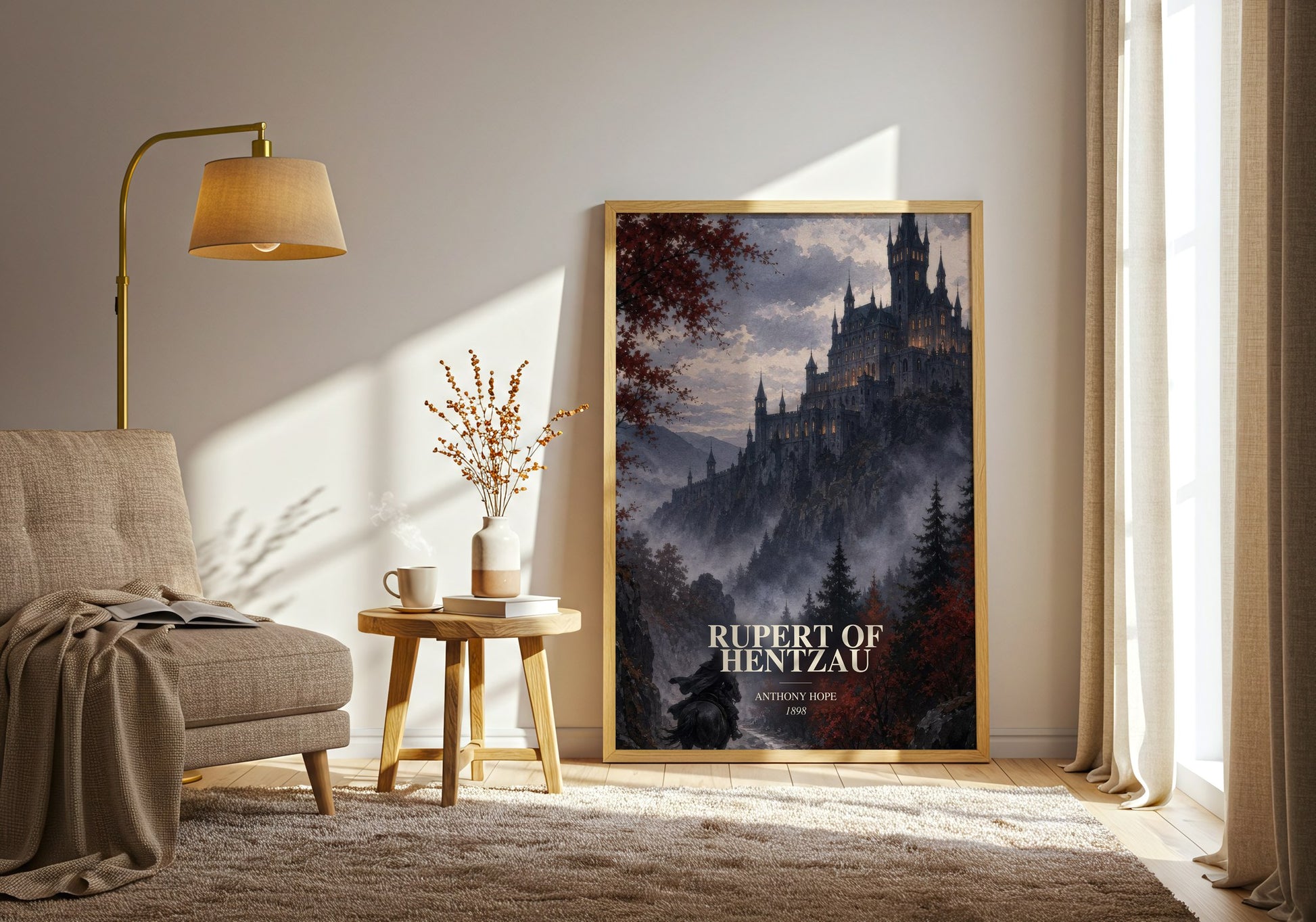 Rupert Of Hentzau watercolour print in frame leaning in hallway – adventure wall art