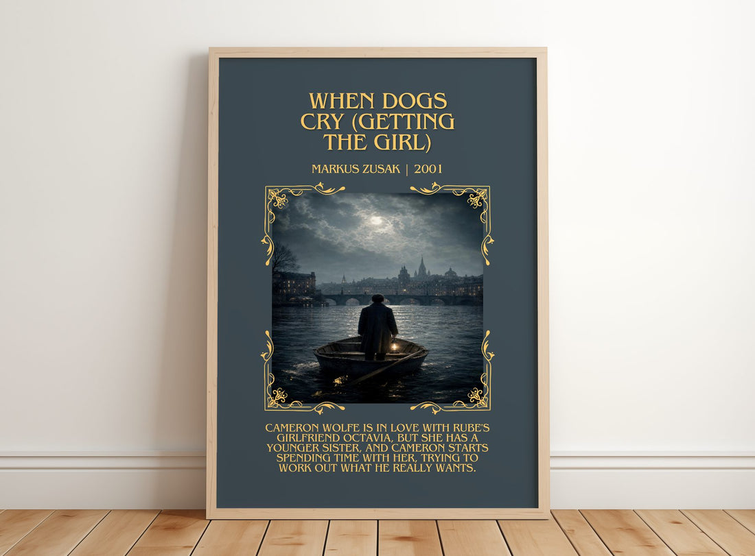 When Dogs Cry (Getting The Girl) Minimalist Book Poster by M. Zusak – framed print leaning on a wooden floor
