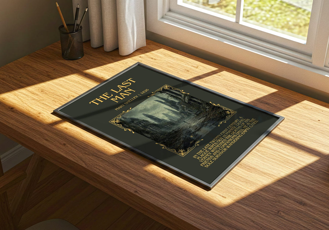 The Last Man Minimalist Book Poster by Mary Shelley – print on a sunlit desk