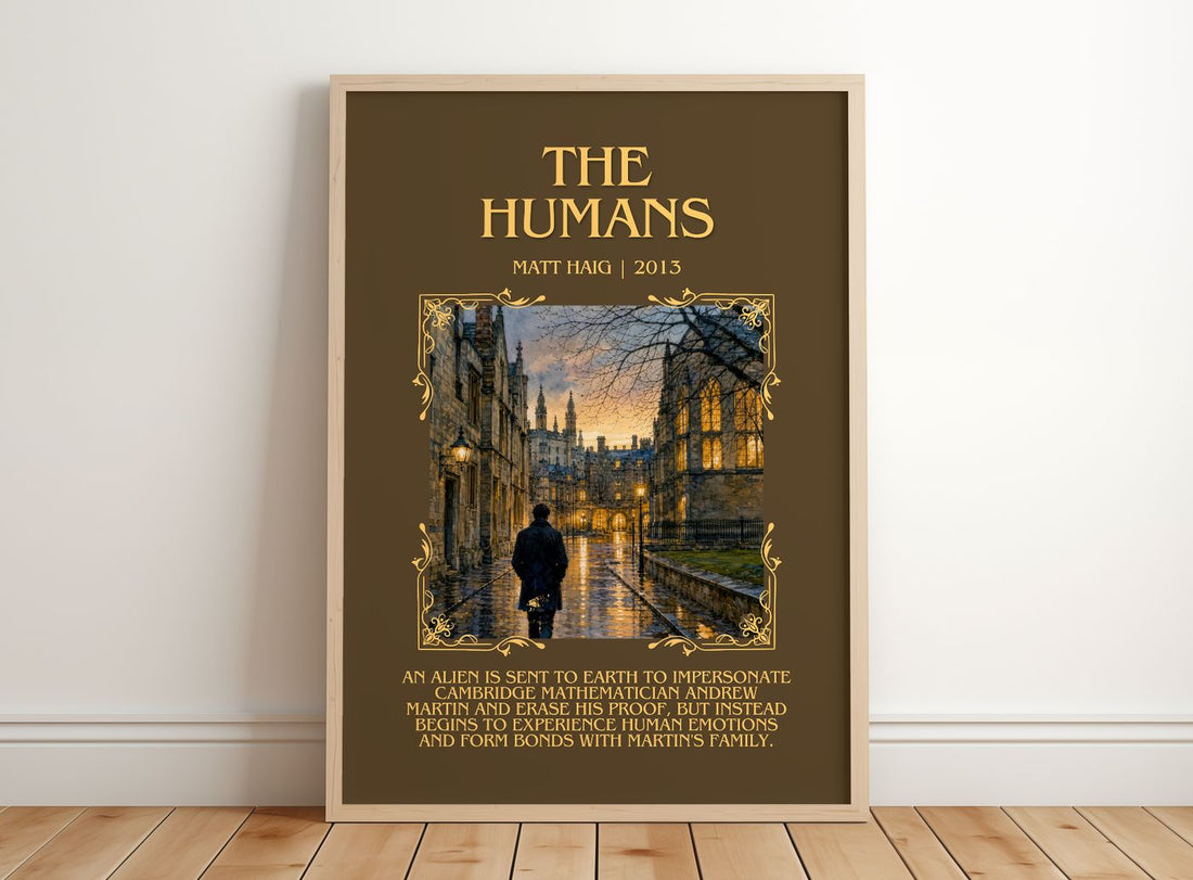 The Humans Minimalist Book Poster by Matt Haig – framed print leaning on a wooden floor