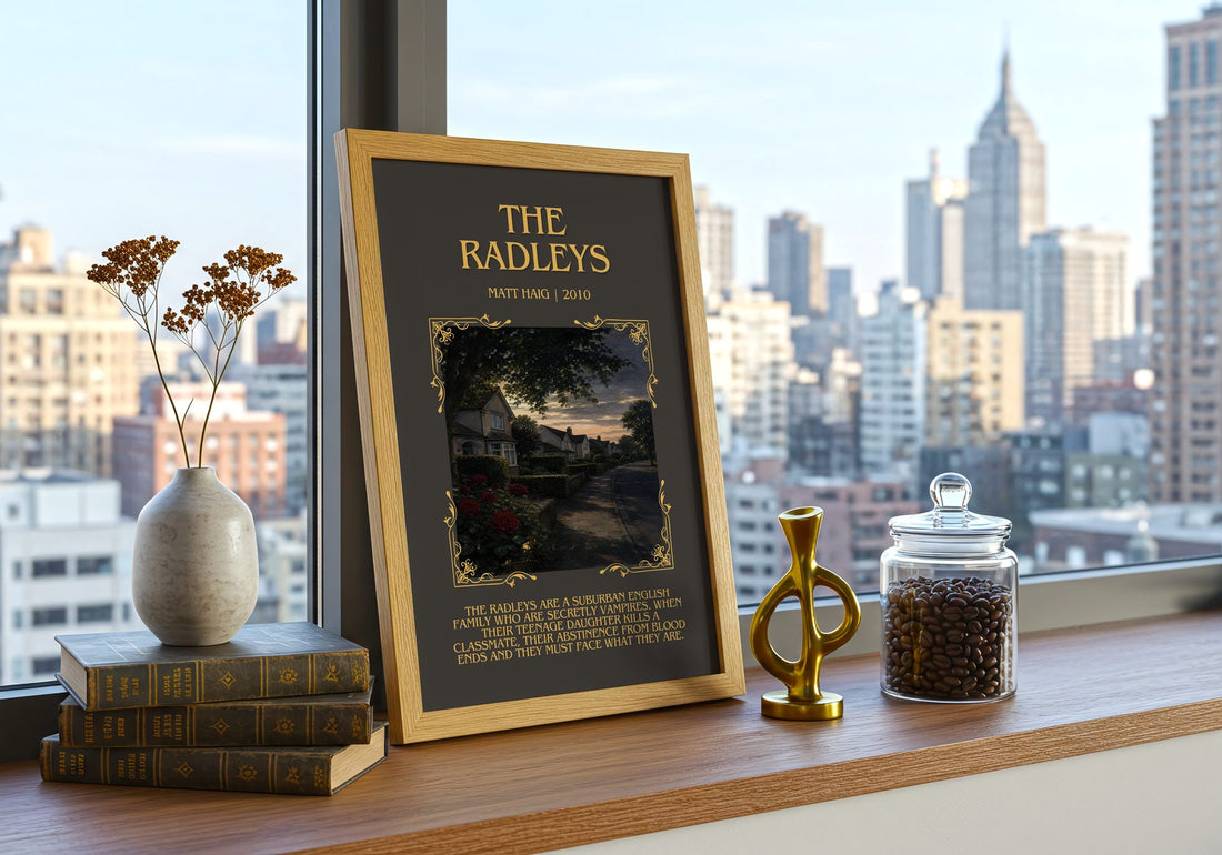 The Radleys Minimalist Book Poster by Matt Haig – framed print on a city-view windowsill