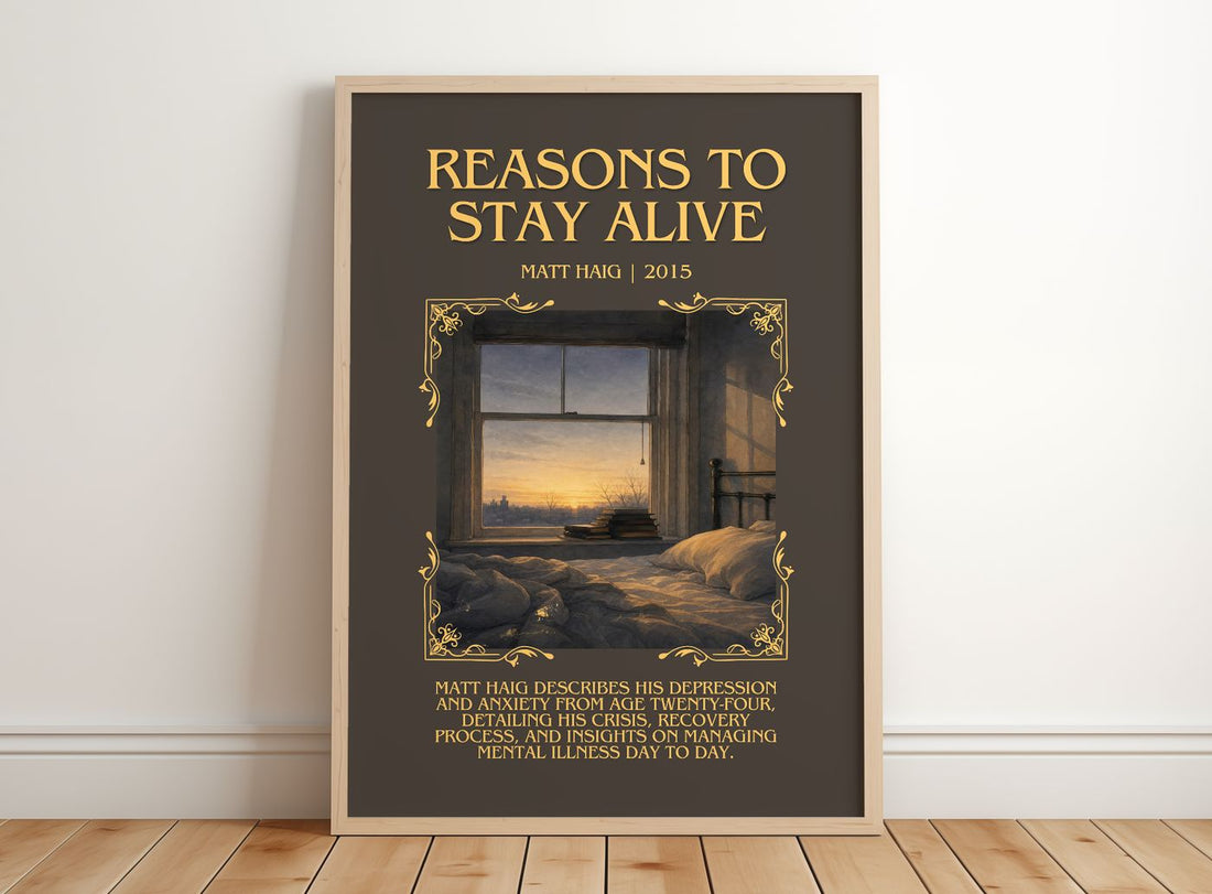 Reasons To Stay Alive Minimalist Book Poster by Matt Haig – framed print leaning on a wooden floor
