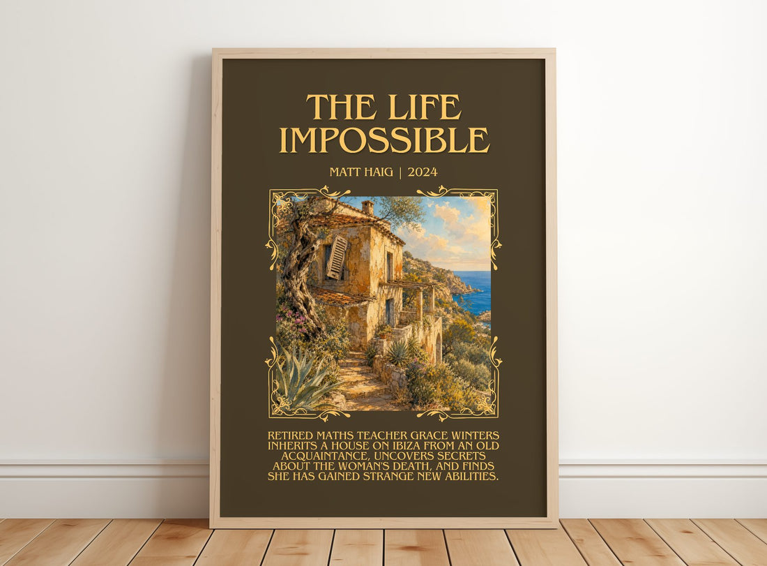 The Life Impossible Minimalist Book Poster by Matt Haig – framed print leaning on a wooden floor