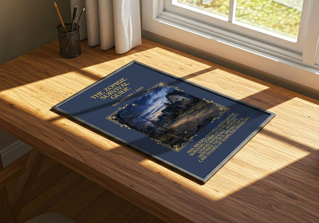The Zombie Survival Guide Minimalist Book Poster by Max Brooks – print on a sunlit desk