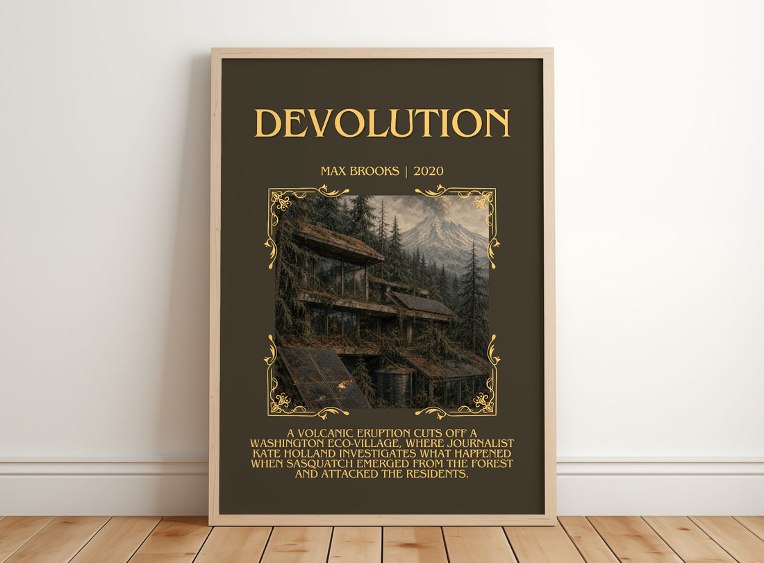 Devolution Minimalist Book Poster by Max Brooks – framed print leaning on a wooden floor