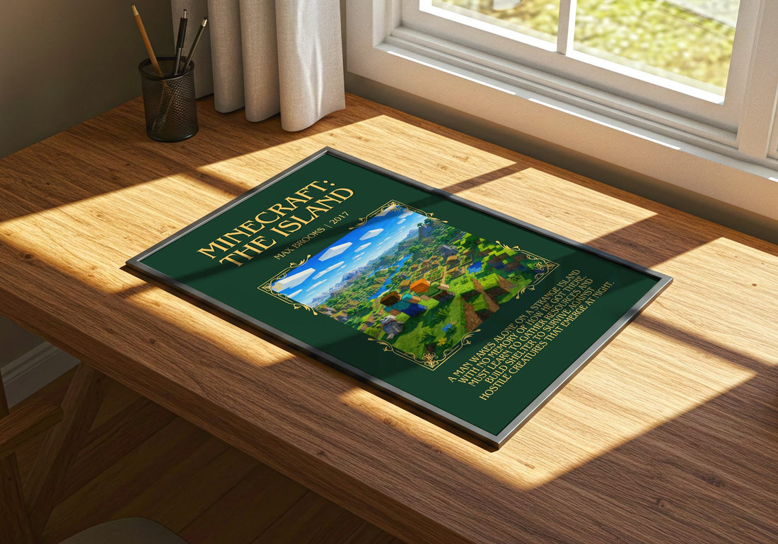 Minecraft: The Island Minimalist Book Poster by Max Brooks – print on a sunlit desk