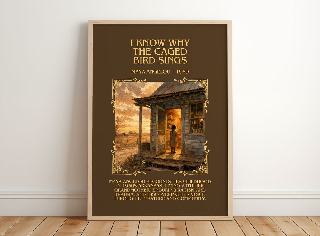 I Know Why The Caged Bird Sings Minimalist Book Poster by Maya Angelou – framed print leaning on a wooden floor