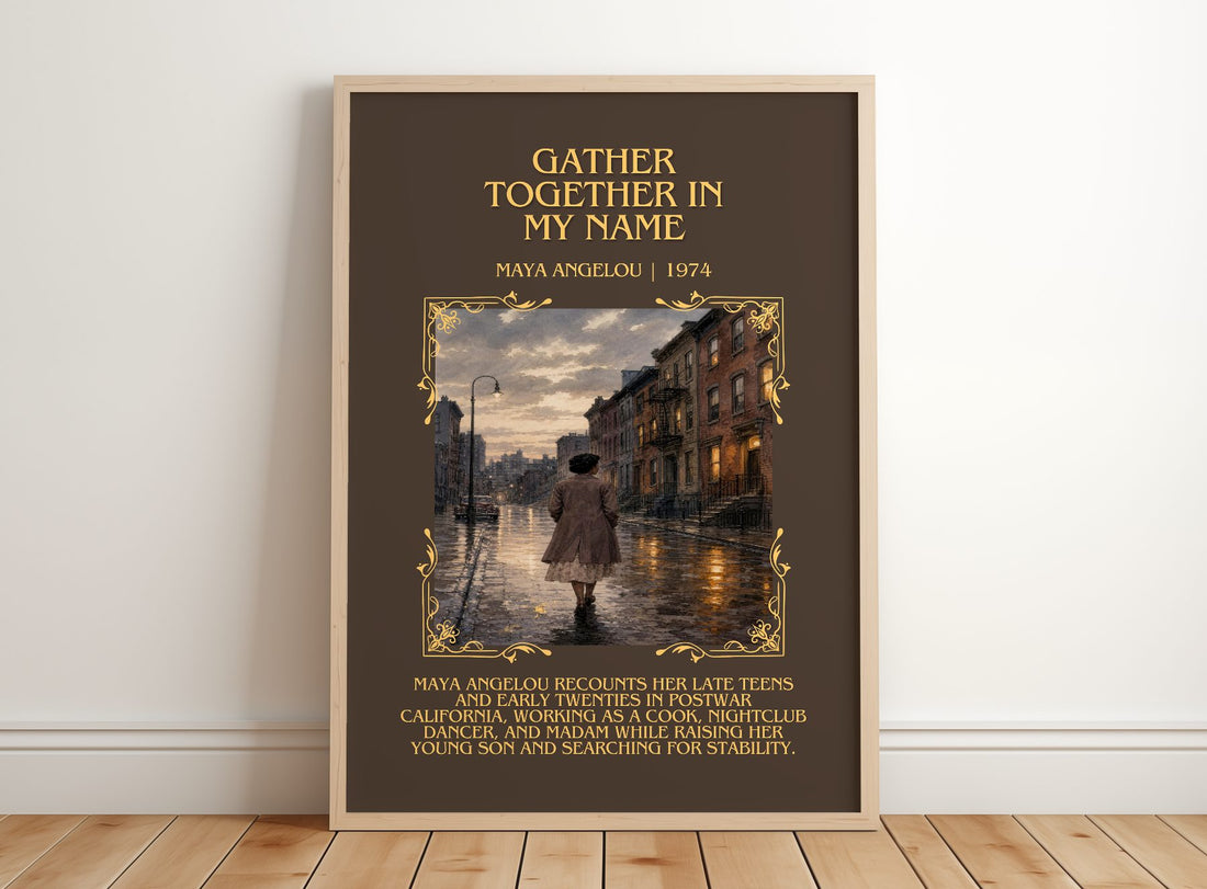 Gather Together In My Name Minimalist Book Poster by Maya Angelou – framed print leaning on a wooden floor