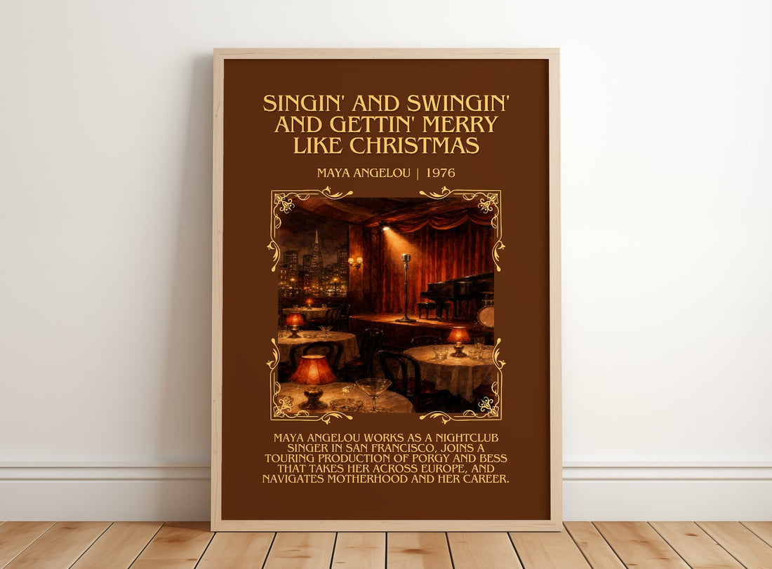 Singin' And Swingin' And Gettin' Merry Like Christmas Minimalist Book – framed print leaning on a wooden floor