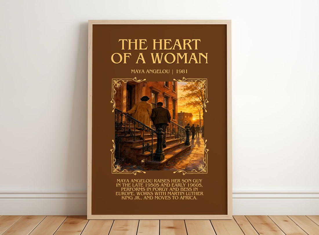 The Heart Of A Woman Minimalist Book Poster by Maya Angelou – framed print leaning on a wooden floor