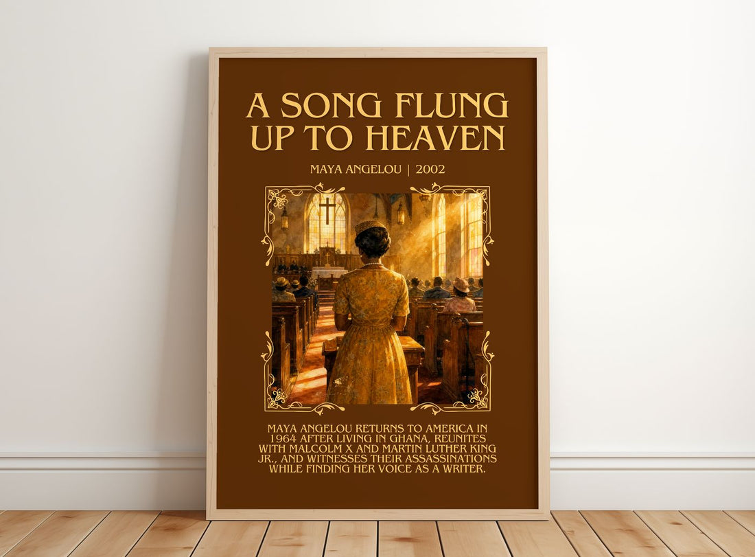 A Song Flung Up To Heaven Minimalist Book Poster by Maya Angelou – framed print leaning on a wooden floor
