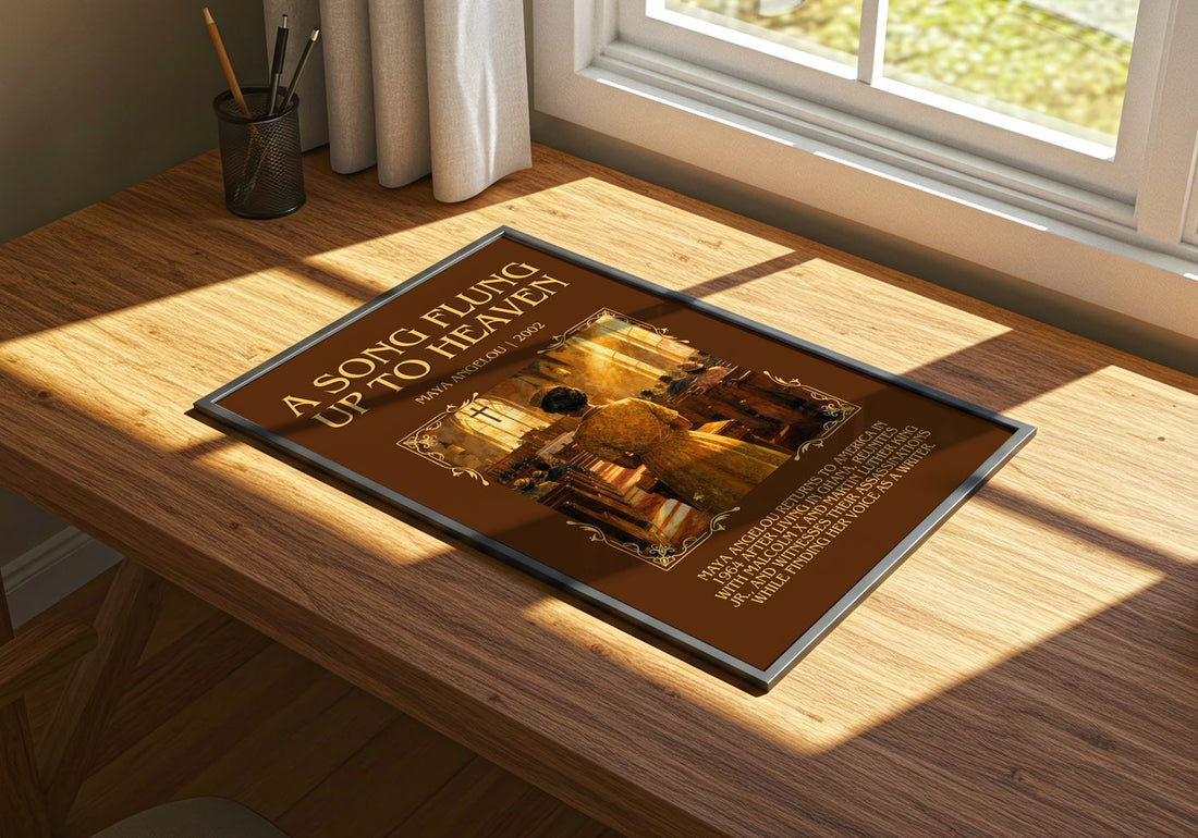 A Song Flung Up To Heaven Minimalist Book Poster by Maya Angelou – print on a sunlit desk