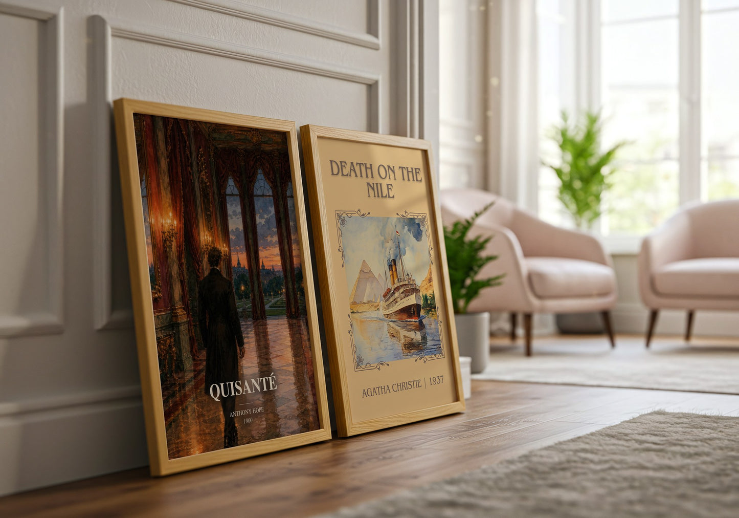 Quisanté watercolour print framed by window – literary home decor