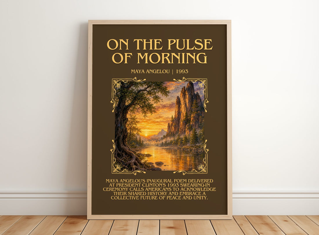 On The Pulse Of Morning Minimalist Book Poster by Maya Angelou – framed print leaning on a wooden floor