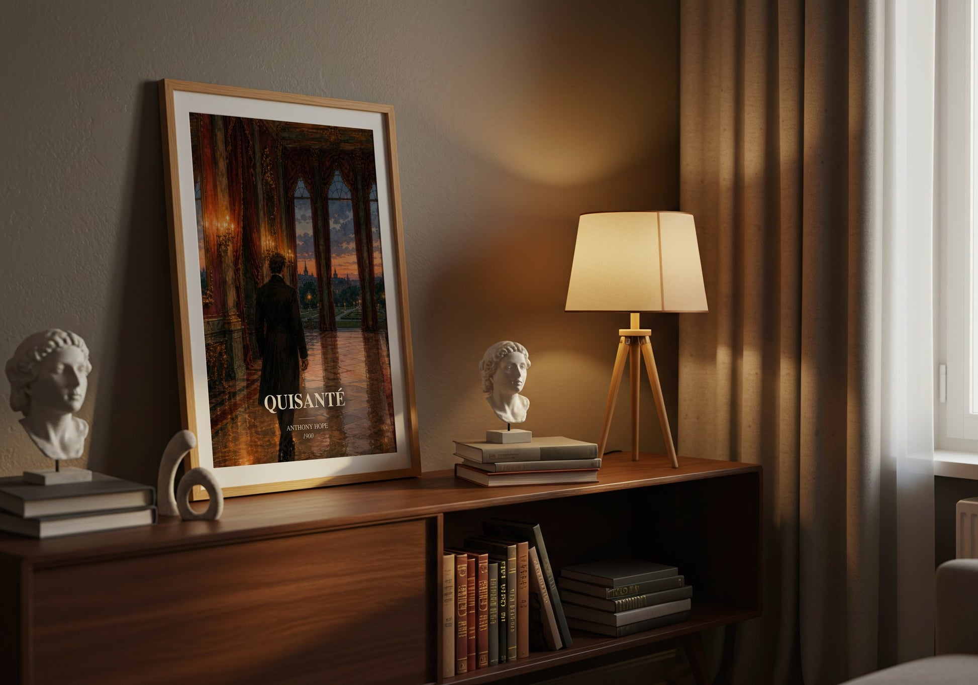 Quisanté watercolour print on bookshelf – Anthony Hope fan gift
