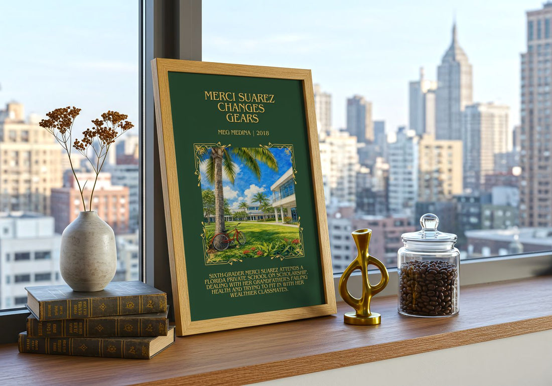 Merci Suárez Changes Gears Minimalist Book Poster by Meg Medina – framed print on a city-view windowsill