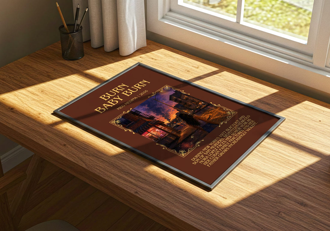 Burn Baby Burn Minimalist Book Poster by Meg Medina – print on a sunlit desk