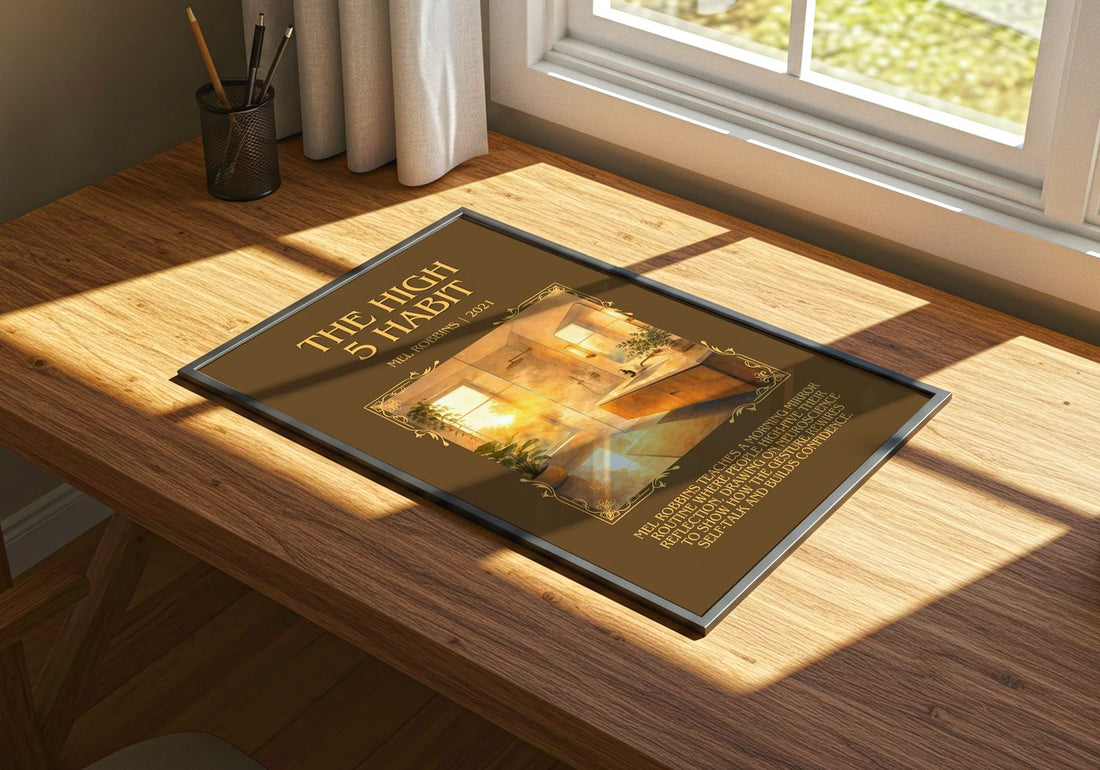 The High 5 Habit Minimalist Book Poster by Mel Robbins – print on a sunlit desk