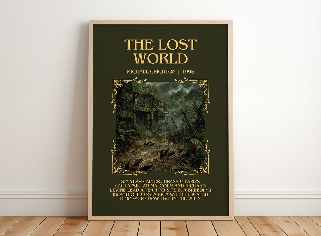 The Lost World Minimalist Book Poster by Michael Crichton – framed print leaning on a wooden floor