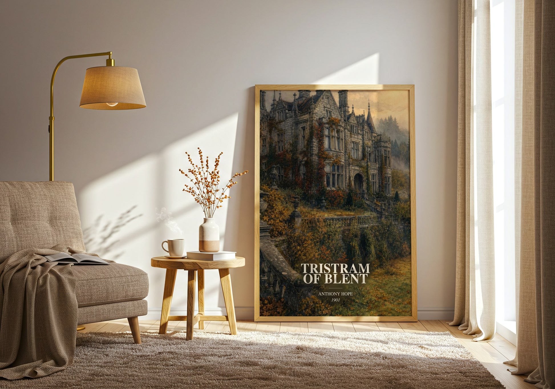 Tristram Of Blent watercolour print in frame leaning in hallway – historical fiction wall art