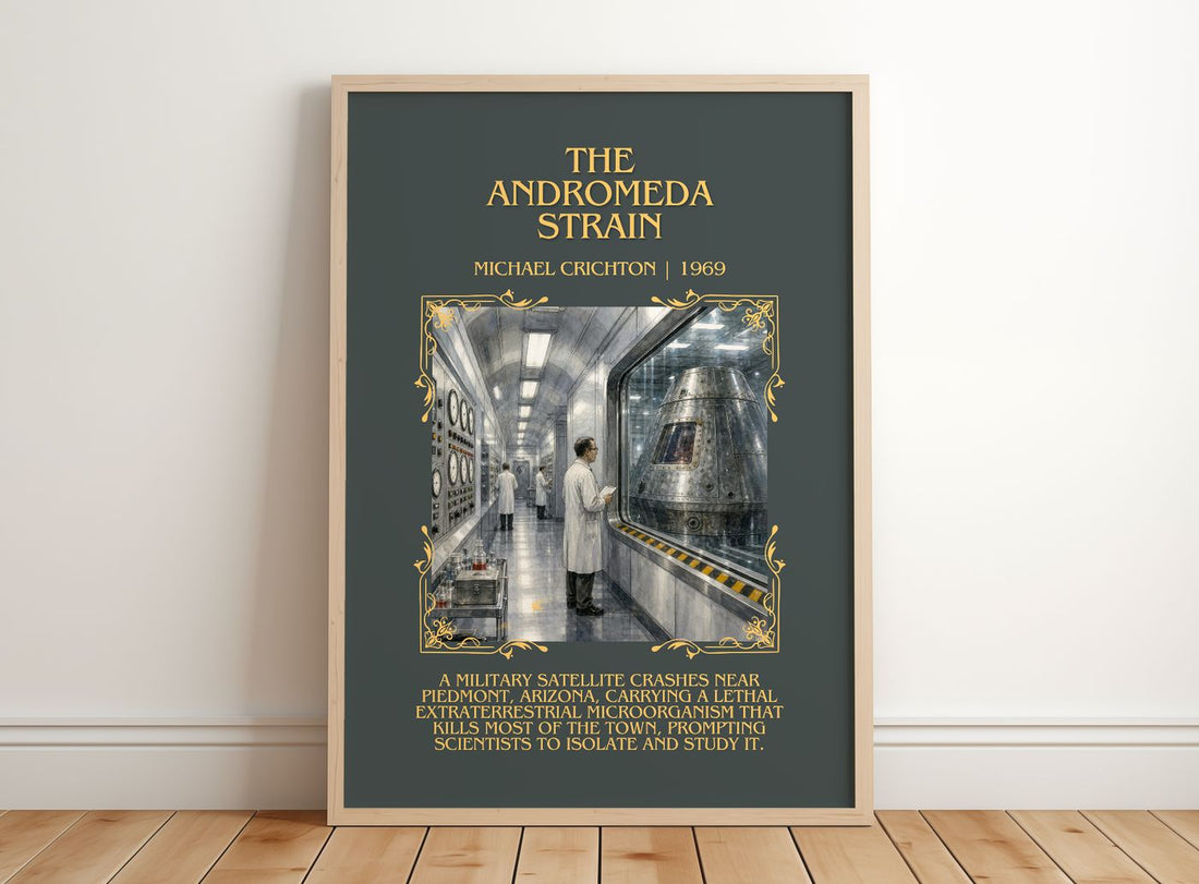 The Andromeda Strain Minimalist Book Poster by Michael Crichton – framed print leaning on a wooden floor
