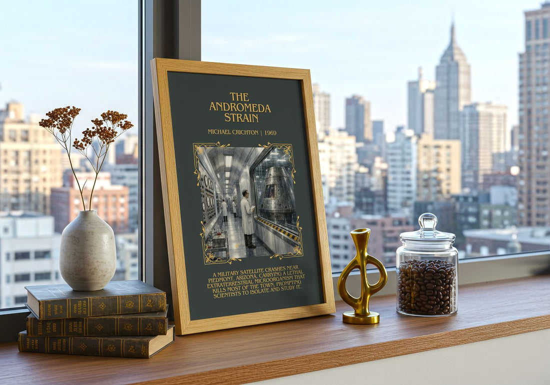 The Andromeda Strain Minimalist Book Poster by Michael Crichton – framed print on a city-view windowsill