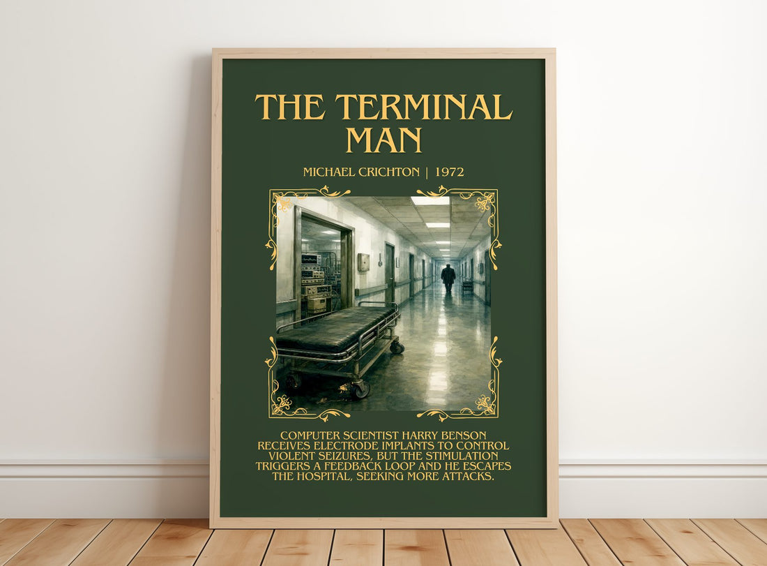 The Terminal Man Minimalist Book Poster by Michael Crichton – framed print leaning on a wooden floor