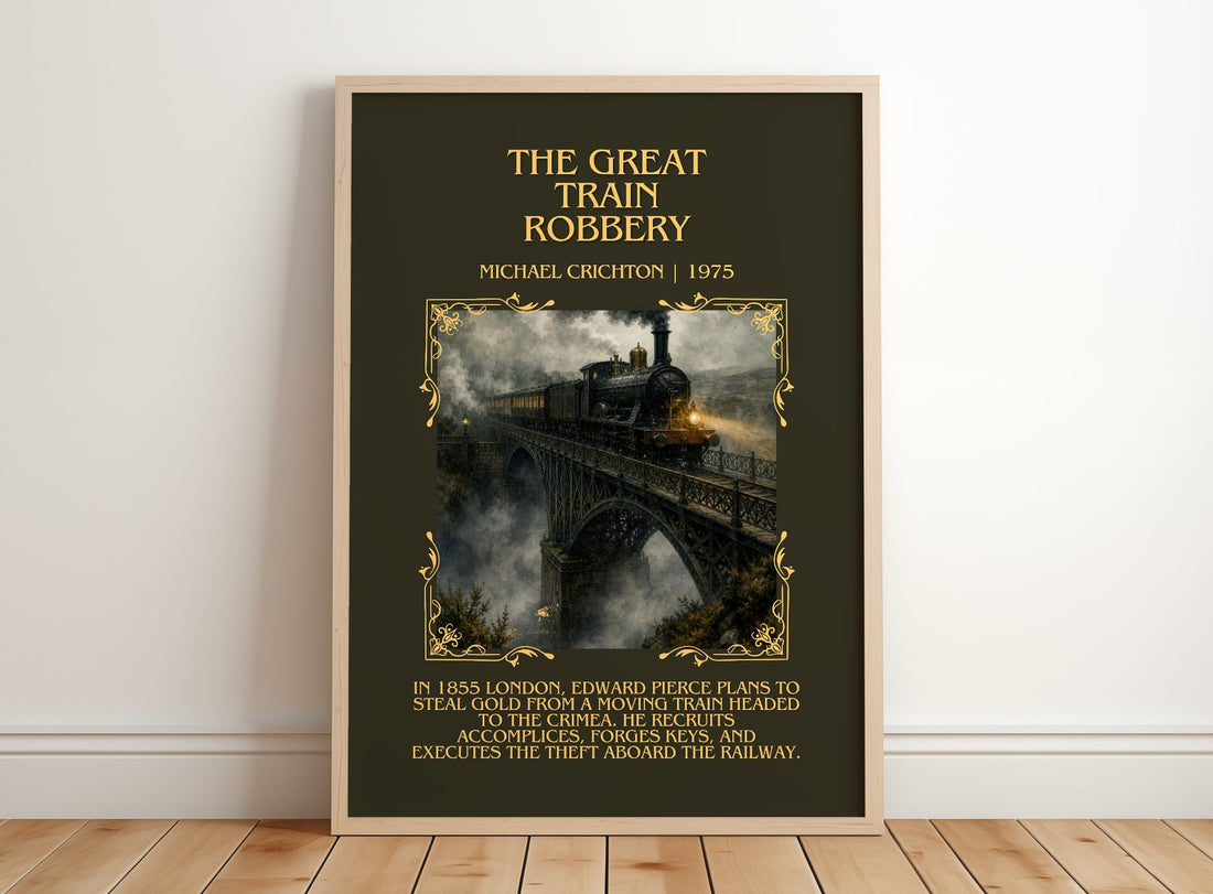 The Great Train Robbery Minimalist Book Poster by Michael Crichton – framed print leaning on a wooden floor