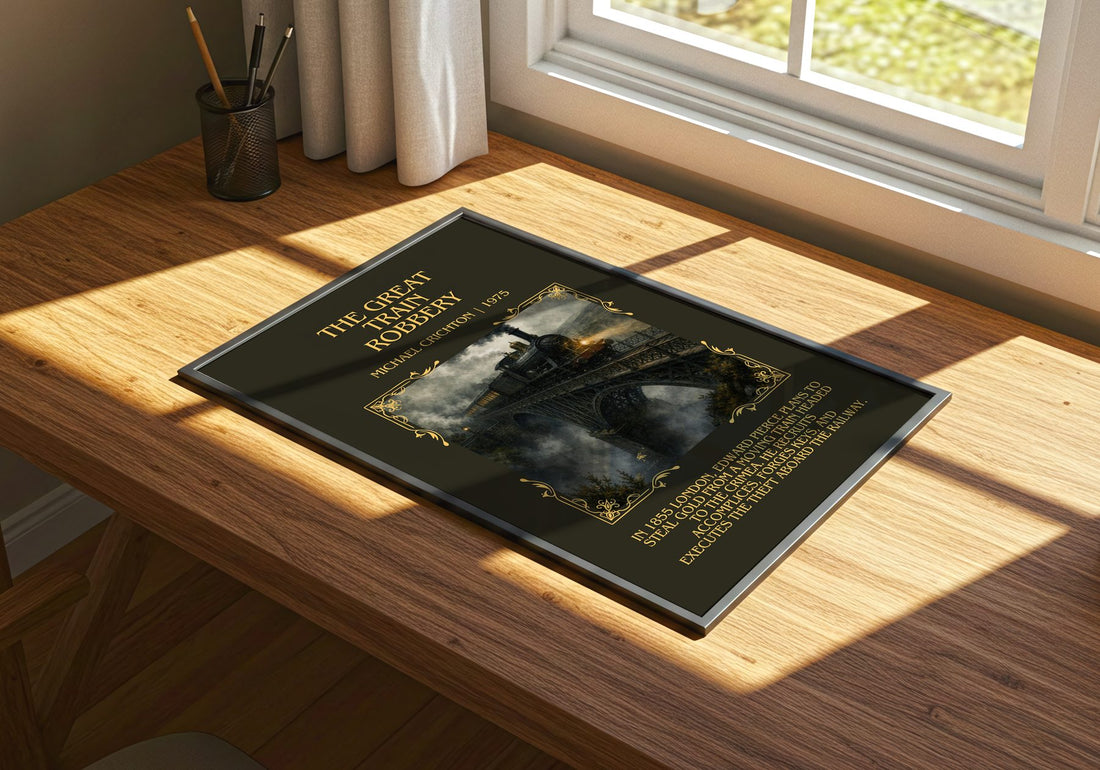 The Great Train Robbery Minimalist Book Poster by Michael Crichton – print on a sunlit desk
