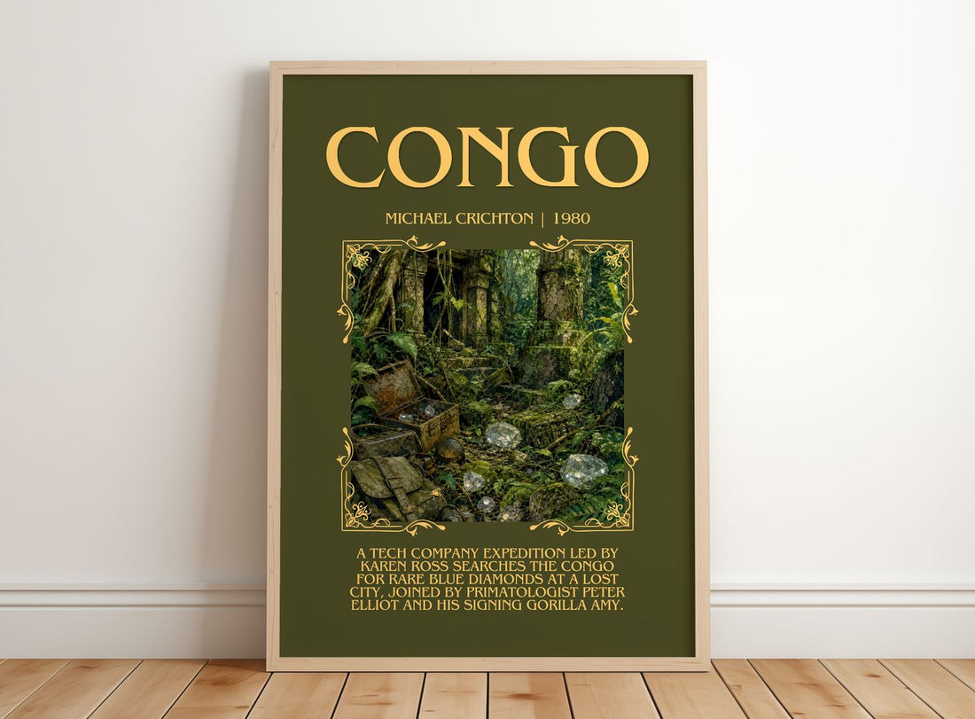 Congo Minimalist Book Poster by Michael Crichton – framed print leaning on a wooden floor