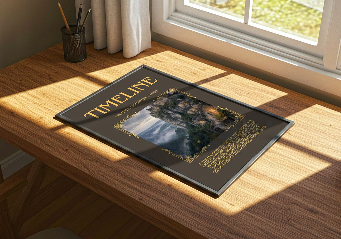 Timeline Minimalist Book Poster by Michael Crichton – print on a sunlit desk