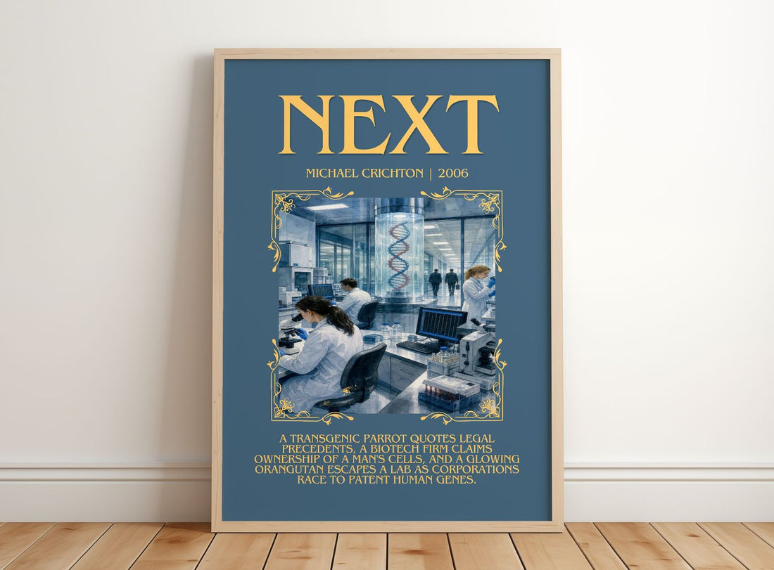 Next Minimalist Book Poster by Michael Crichton – framed print leaning on a wooden floor