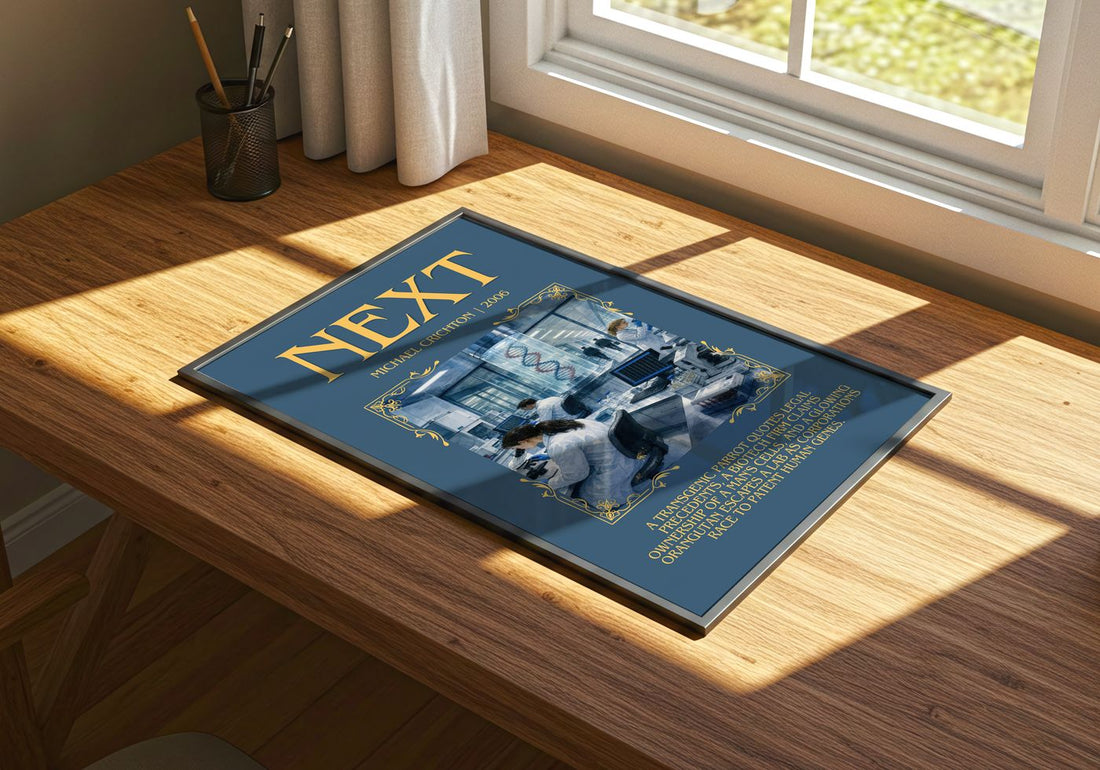 Next Minimalist Book Poster by Michael Crichton – print on a sunlit desk